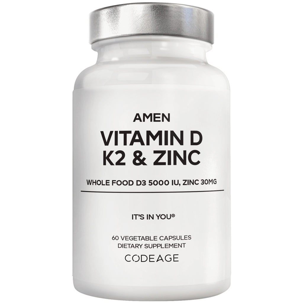 CDG048 | white supplement bottle labeled AMEN VITAMIN D K2 & ZINC, 60 vegetable capsules, CODEAGE - Thumbnail