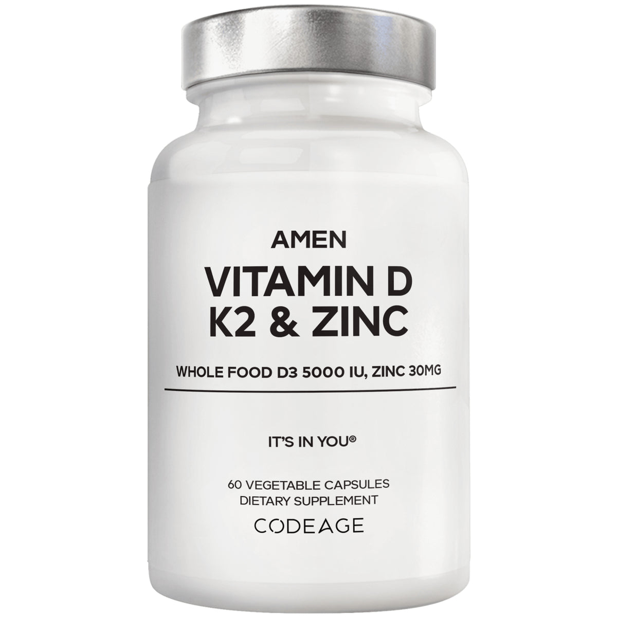 CDG048 | white supplement bottle labeled AMEN VITAMIN D K2 & ZINC, 60 vegetable capsules, CODEAGE