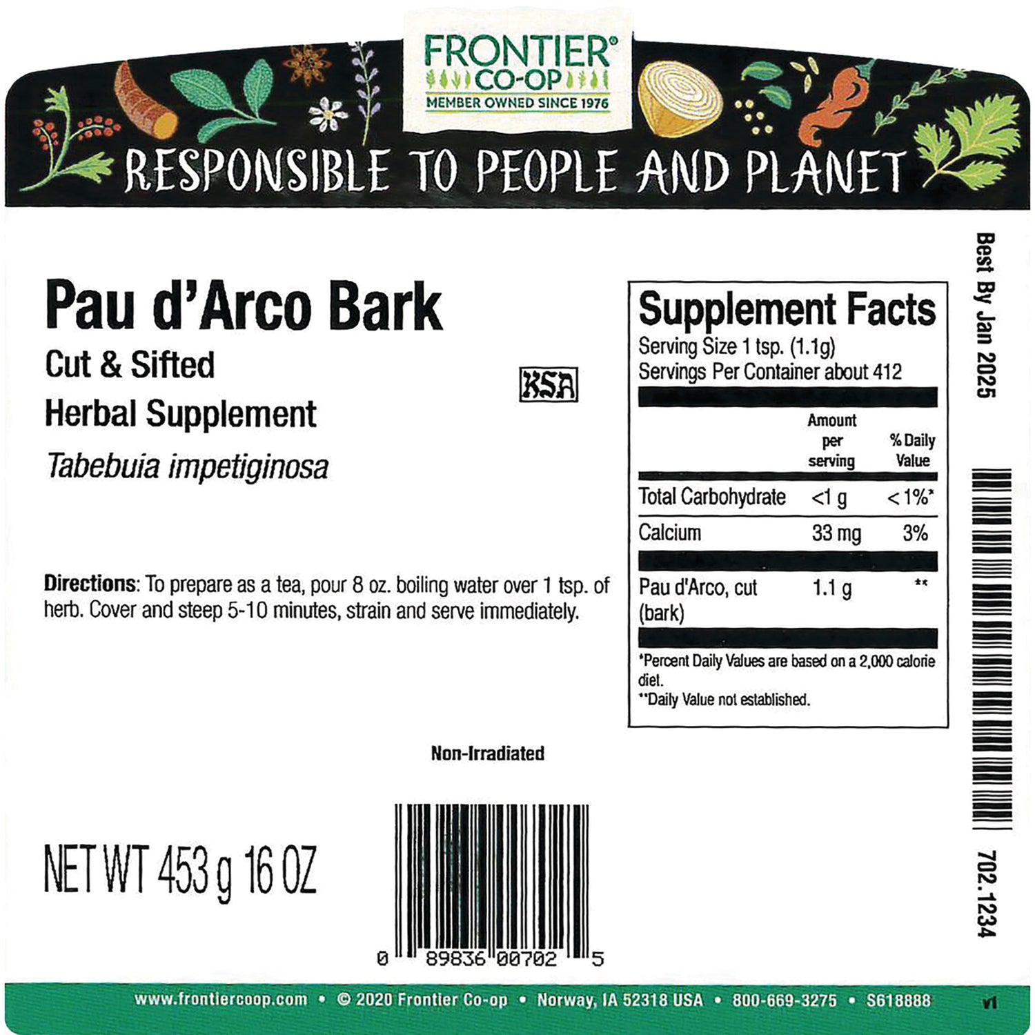 FNP279 | Back label of Pau d'Arco Bark herbal supplement showing supplement facts, directions, net weight and barcode