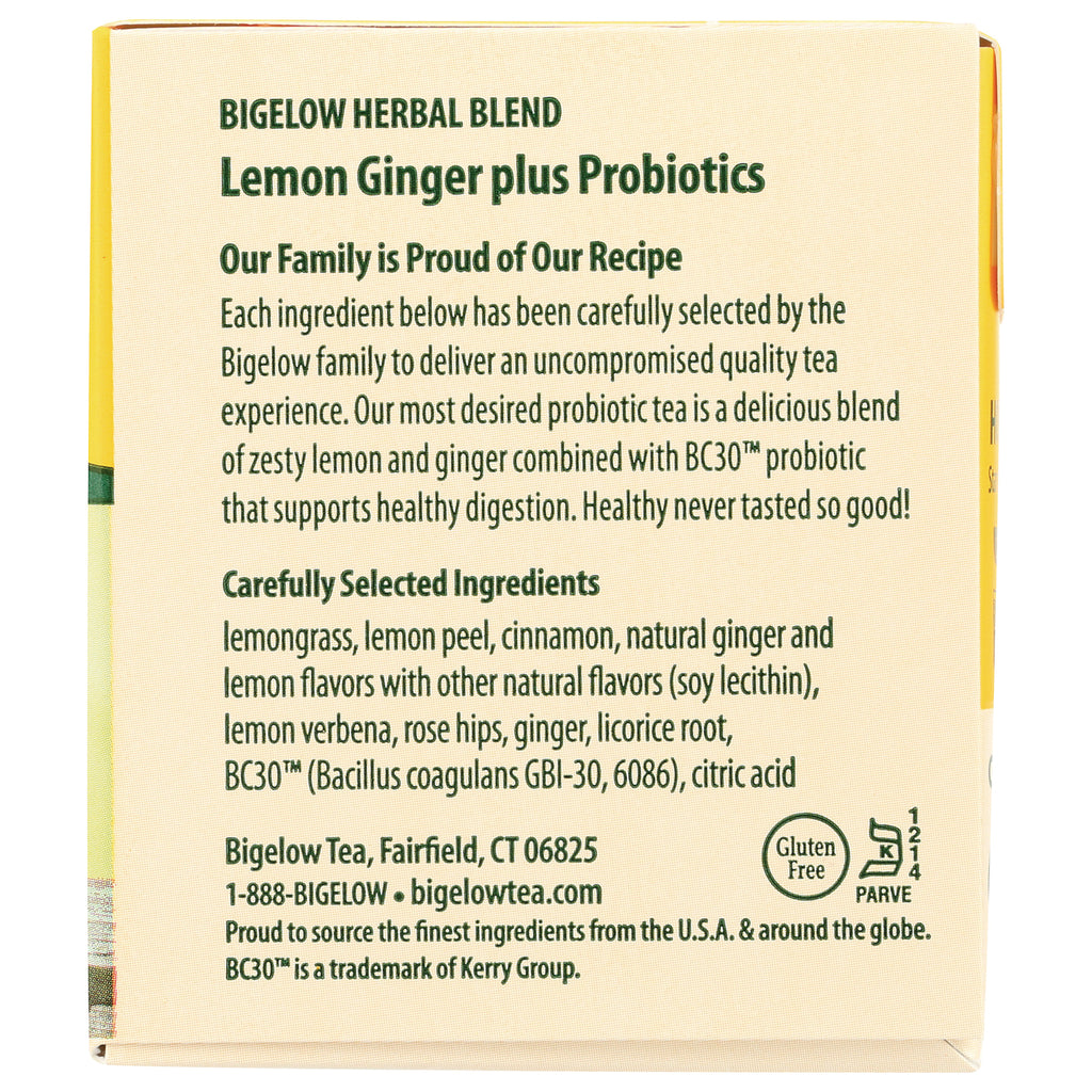 BGT008 | Back panel of Bigelow Lemon Ginger plus Probiotics tea box showing ingredients, BC30 probiotic note, contact info and gluten free symbol - Thumbnail