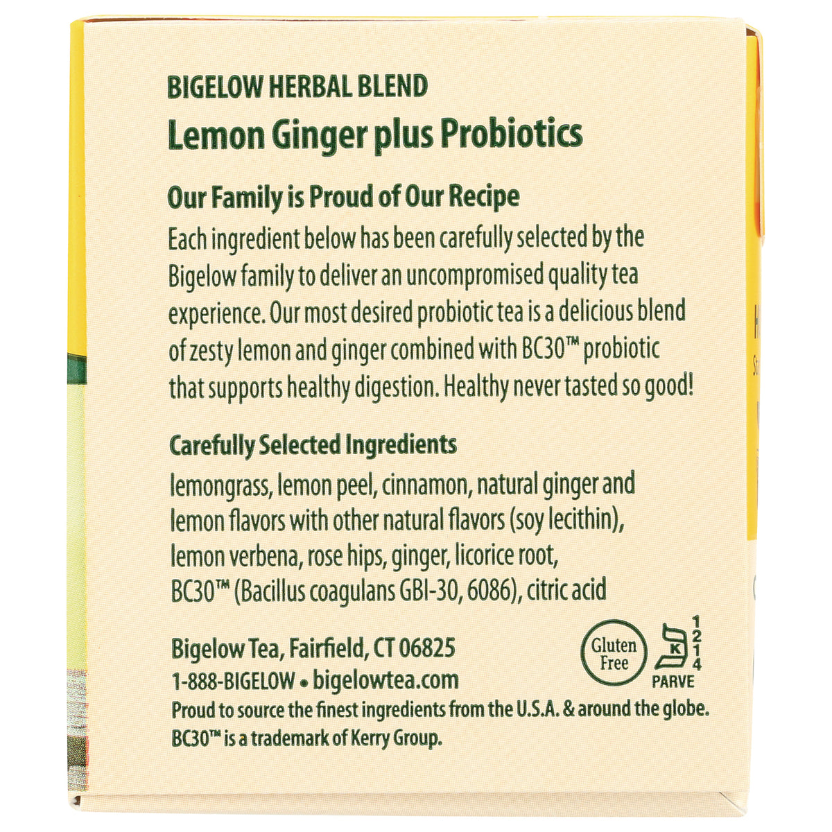 BGT008 | Back panel of Bigelow Lemon Ginger plus Probiotics tea box showing ingredients, BC30 probiotic note, contact info and gluten free symbol
