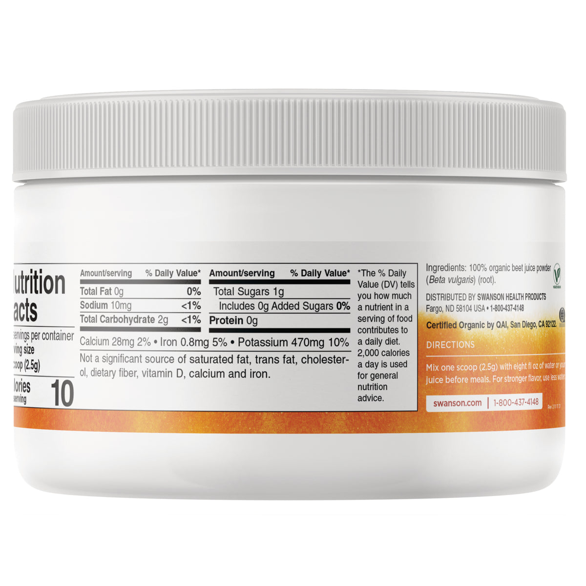 SWF124 | Back of beet juice powder jar showing Nutrition Facts, ingredients, and directions
