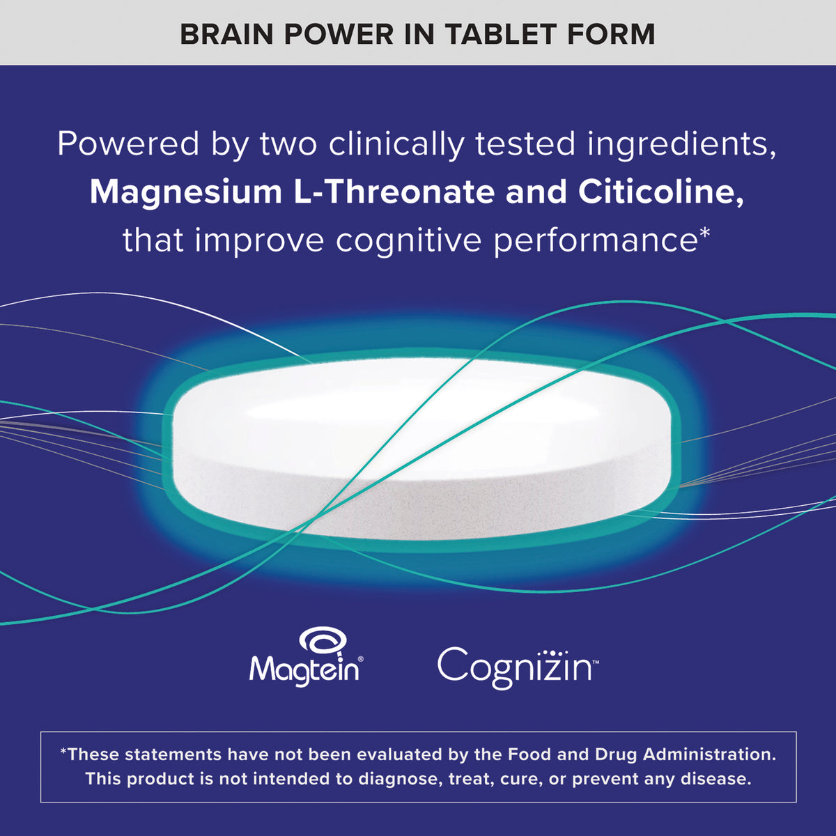 QNL015 | Tablet form infographic highlighting magnesium L-threonate and citicoline for cognitive performance