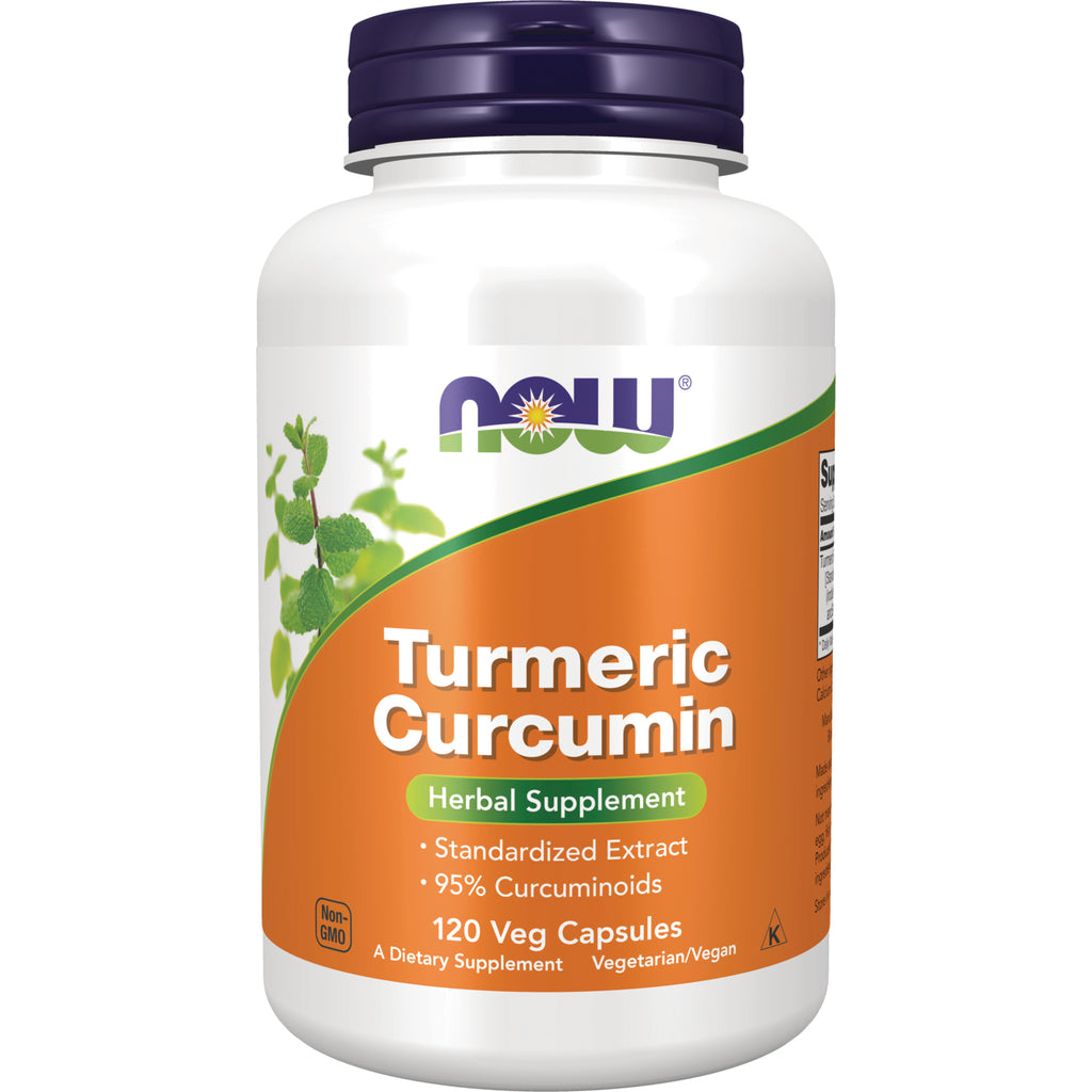 NWF122 | NOW Turmeric Curcumin herbal supplement bottle with orange label, 120 veg capsules - Thumbnail