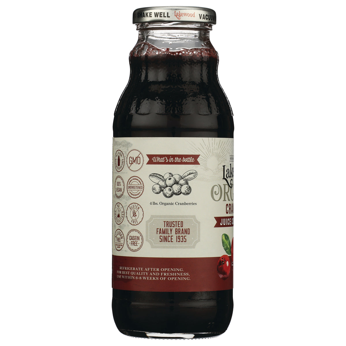 LKW005 | Glass bottle back showing Nutrition Facts label with 80 calories, ingredients and barcode
