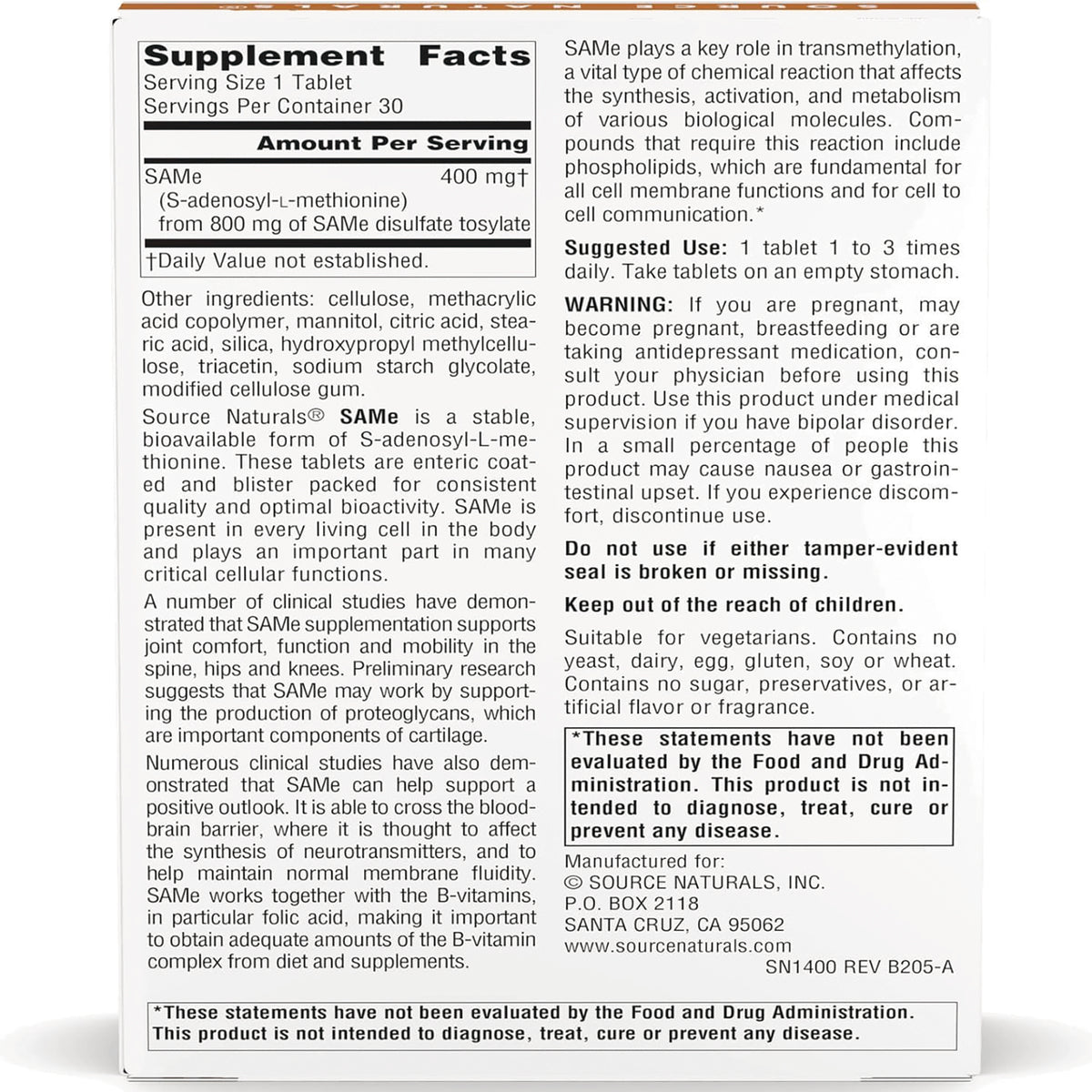 SN136 | back label with Supplement Facts for SAMe 400 mg, ingredient list and warnings