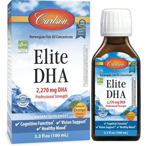 CSN263 | Carlson Elite DHA liquid dietary supplement bottle and box, 2,270 mg DHA, natural orange flavor, 3.3 fl oz - Thumbnail