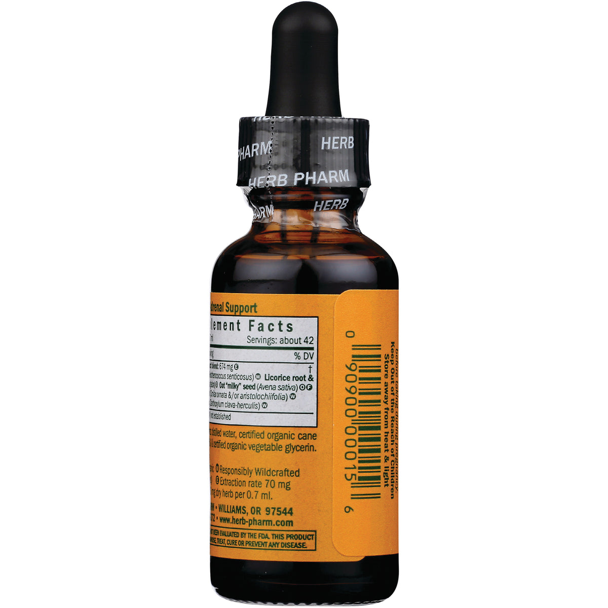 HPH001 | back of amber dropper bottle showing supplement facts label, ingredients text and barcode