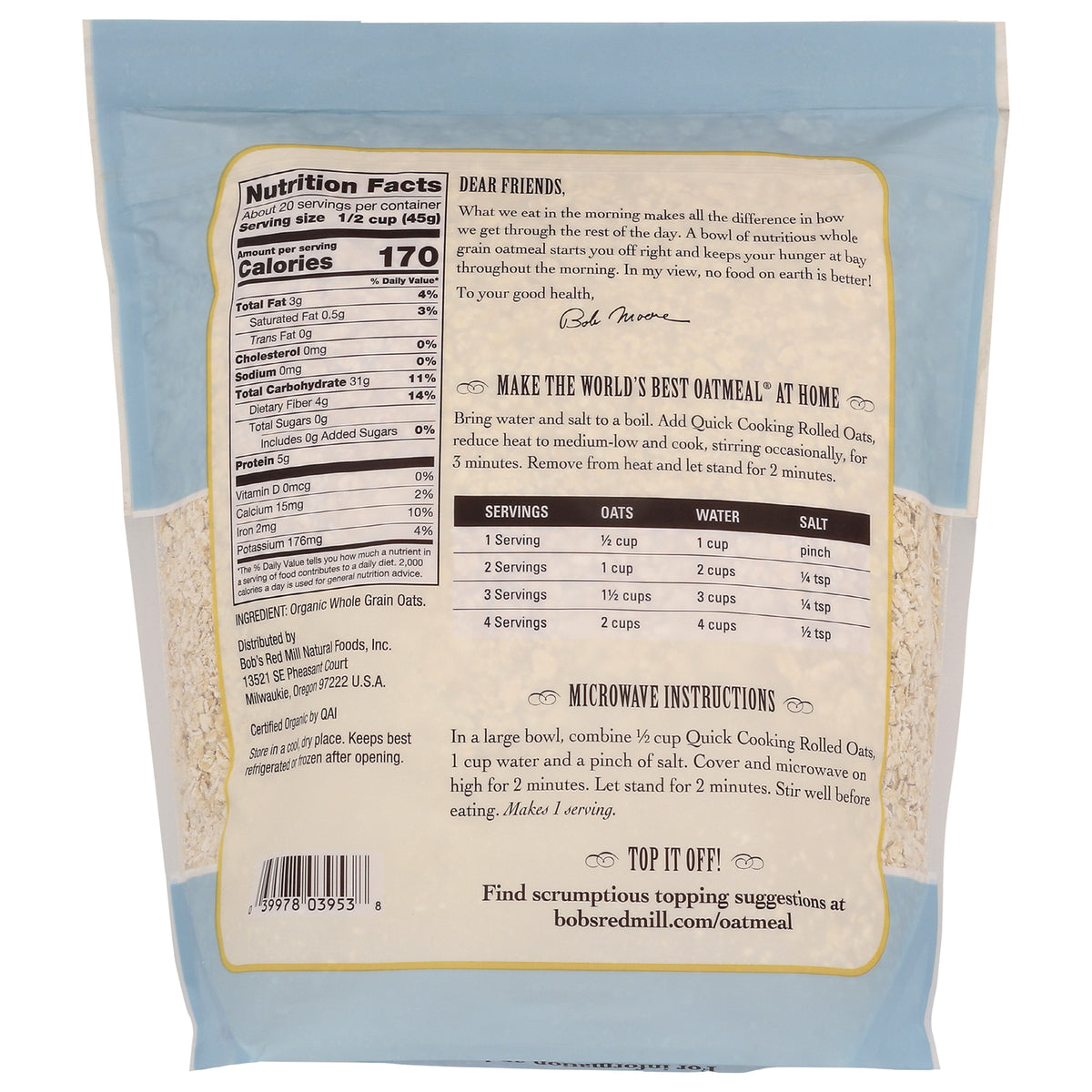 BOB325 | back of oatmeal pouch showing nutrition facts panel, servings chart, microwave instructions, and barcode