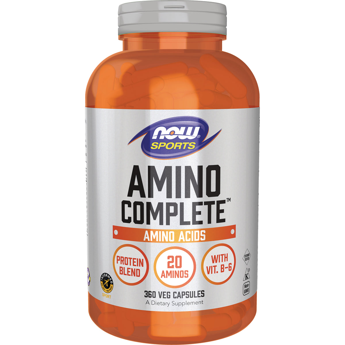 NWF168 | NOW Sports AMINO COMPLETE bottle, 360 veg capsules, front label showing AMINO ACIDS