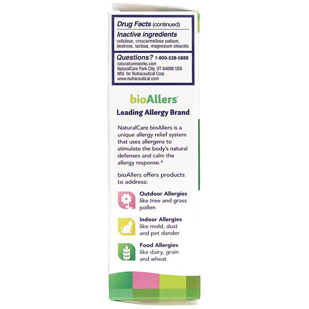 NTB033 | product side panel showing bioAllers branding, drug facts, and icons for outdoor, indoor and food allergies - Thumbnail