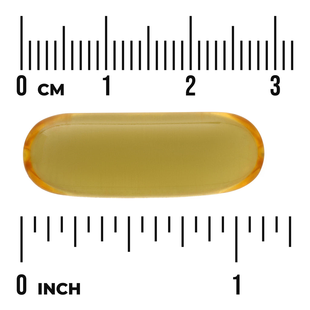 SWE015 | Yellow softgel capsule shown to scale with cm and inch rulers - Thumbnail