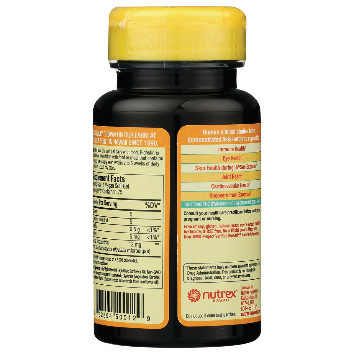 NUT026 | Back label of dark bottle showing supplement facts panel, benefit claims, barcode, and Nutrex logo