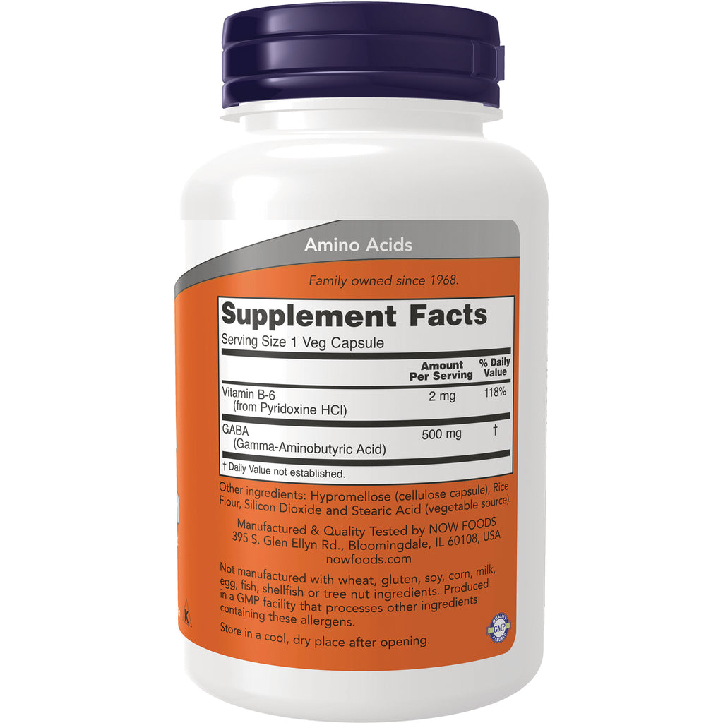 NWF047 | Back of white supplement bottle showing Supplement Facts label with Vitamin B-6 2 mg and GABA 500 mg and ingredients - Thumbnail