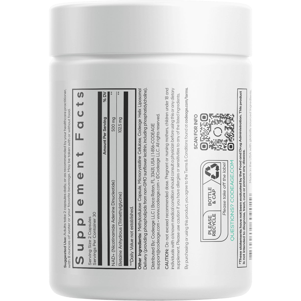 CDG067 | back label showing supplement facts panel, ingredient list, QR code and recycling symbol