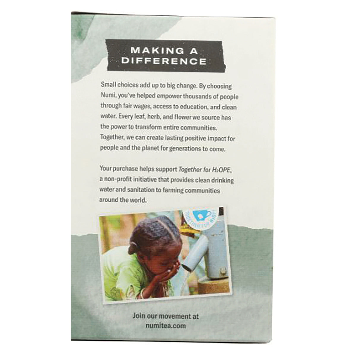 NUM009 | back panel titled MAKING A DIFFERENCE with explanatory text and photo of child drinking from a hand pump