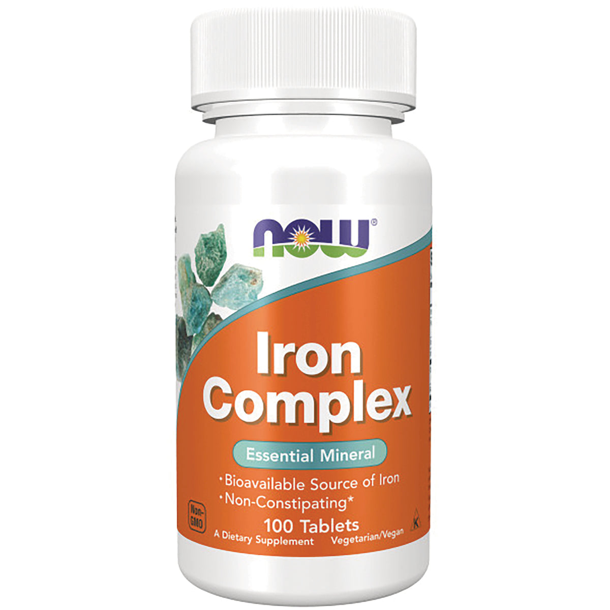 NWF757 | NOW Iron Complex supplement bottle with orange label, 100 tablets