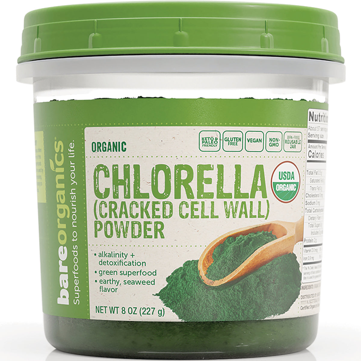 BOR006 | 8 oz green plastic jar of organic Chlorella (cracked cell wall) powder with wooden scoop on label