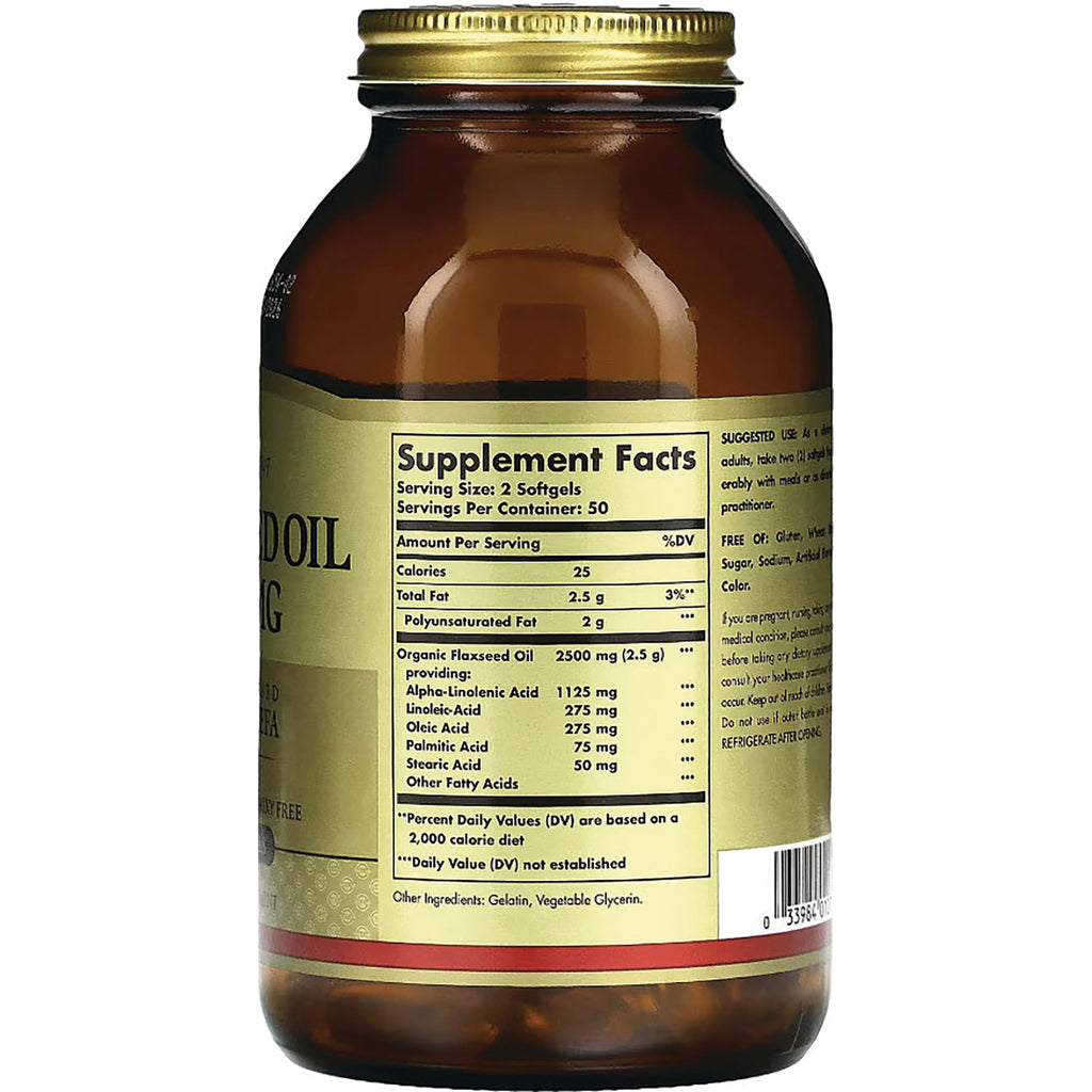SLG279 | Back of amber bottle showing Supplement Facts label and serving size for flaxseed oil softgels - Thumbnail