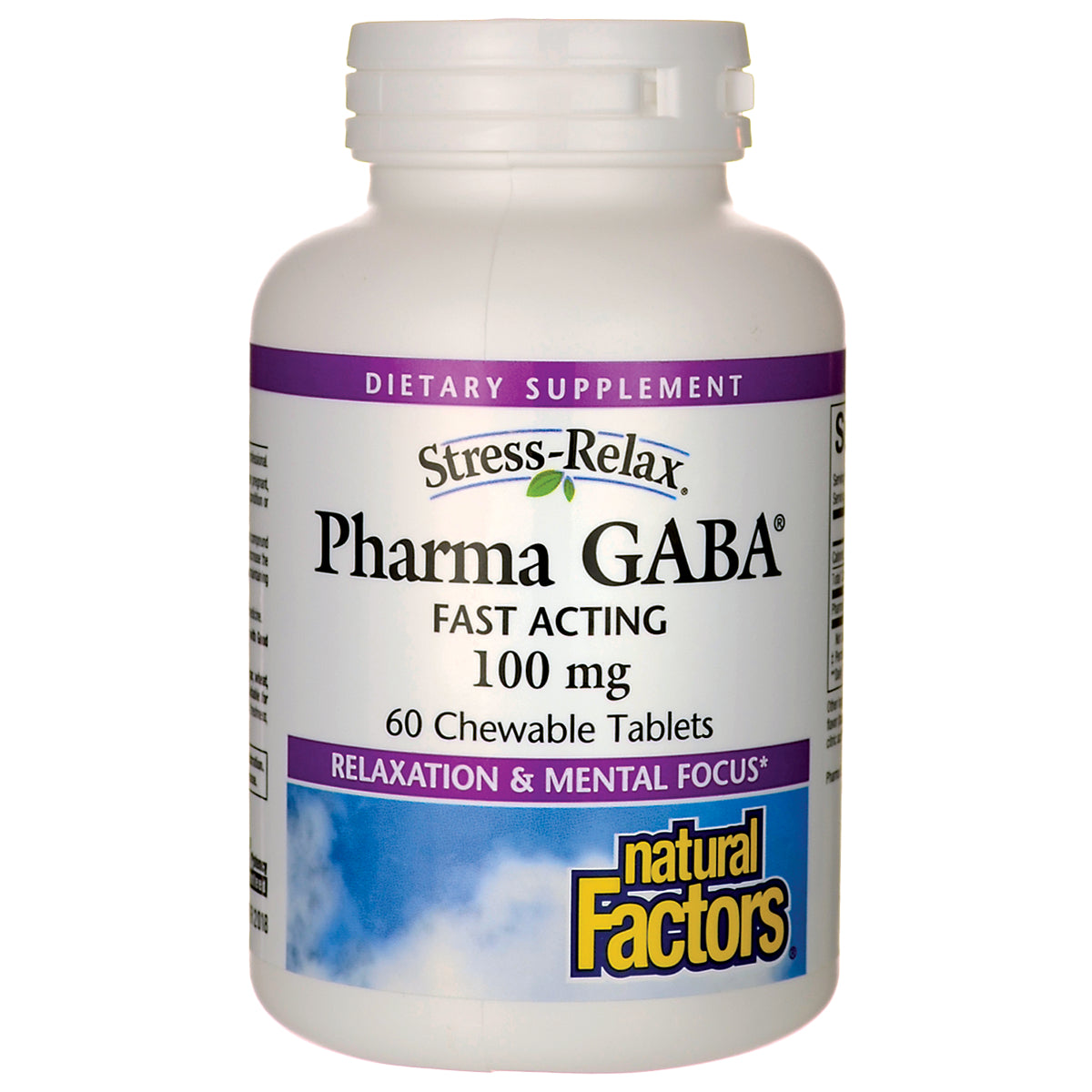 NFC031 | Natural Factors Pharma GABA 100 mg bottle, 60 chewable tablets front label