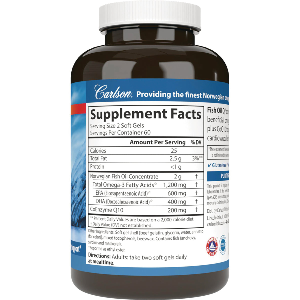 CSN246 | Supplement facts panel on back of brown bottle listing serving size 2 soft gels, omega-3 amounts and Coenzyme Q10