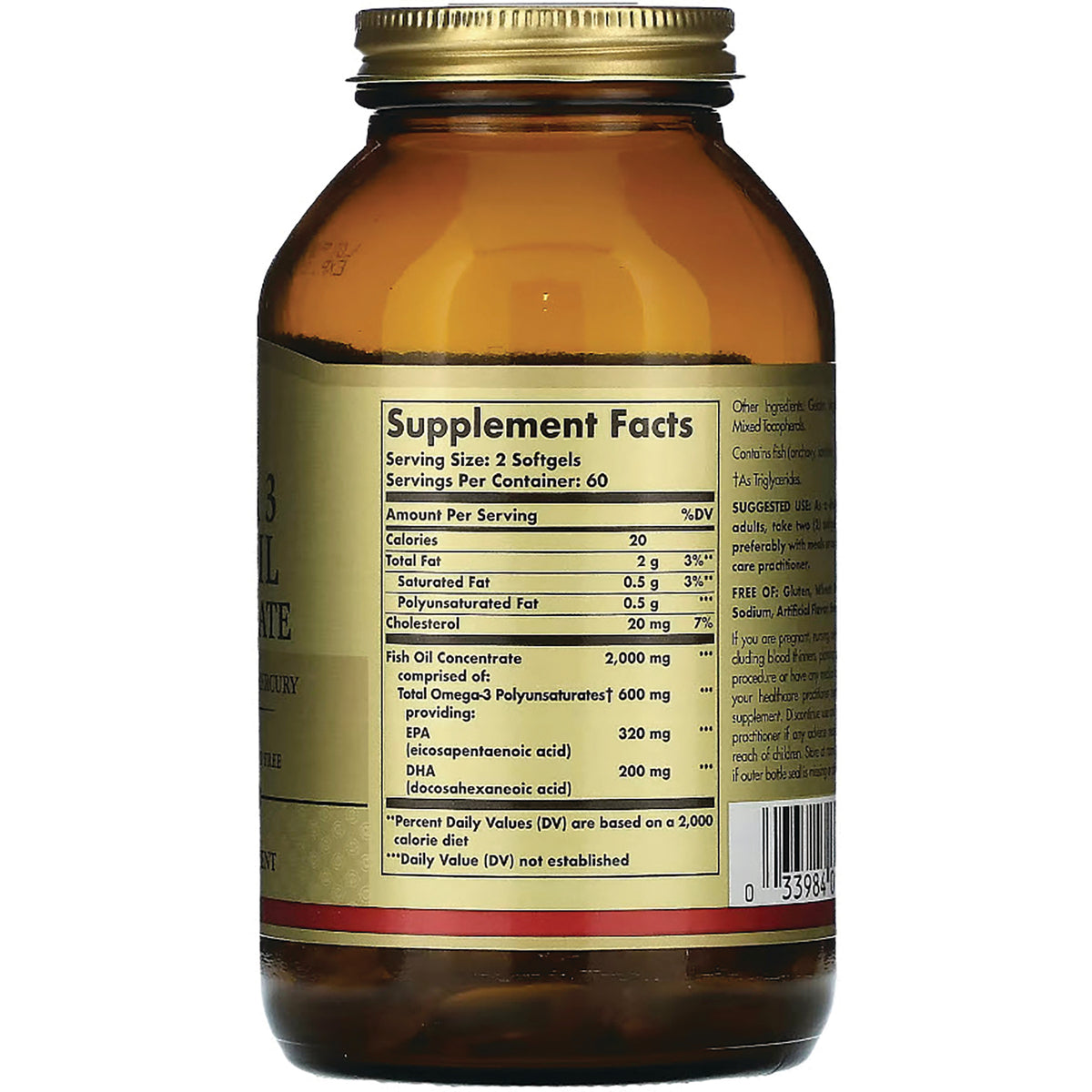 SLG314 | Amber bottle back showing Supplement Facts panel with fish oil concentrate, serving size, and barcode