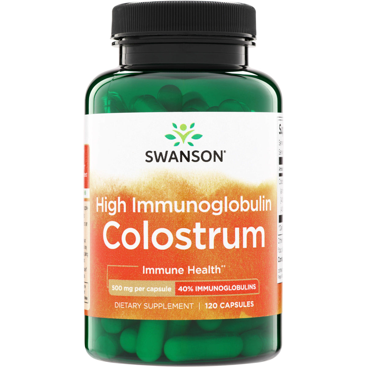 SWU149 | Swanson High Immunoglobulin Colostrum bottle front, 500 mg per capsule, 40% immunoglobulins, 120 capsules