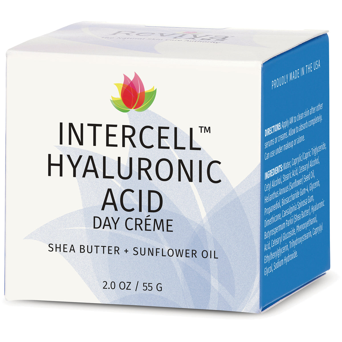 RV053 | Intercell Hyaluronic Acid Day Crme box labeled Shea Butter + Sunflower Oil 2.0 oz / 55 g