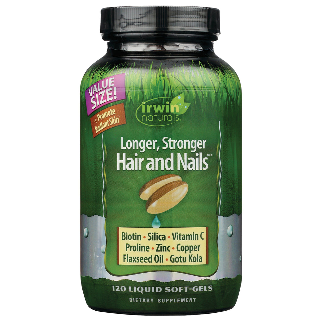 IR112 | Irwin Naturals Longer, Stronger Hair and Nails 120 liquid soft-gels bottle front label listing Biotin, Silica, Vitamin C - Thumbnail