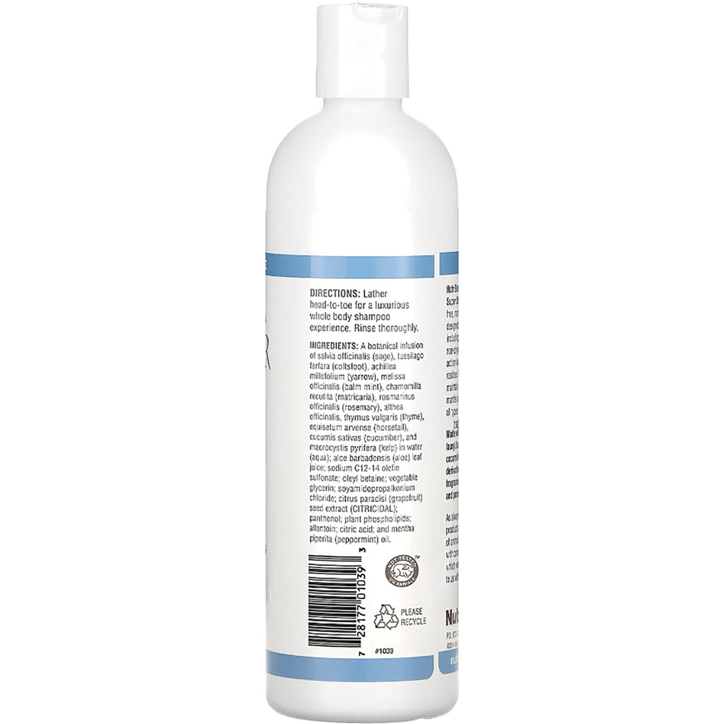 NUB013 | Back of white shampoo bottle showing directions, ingredients list, and barcode - Thumbnail