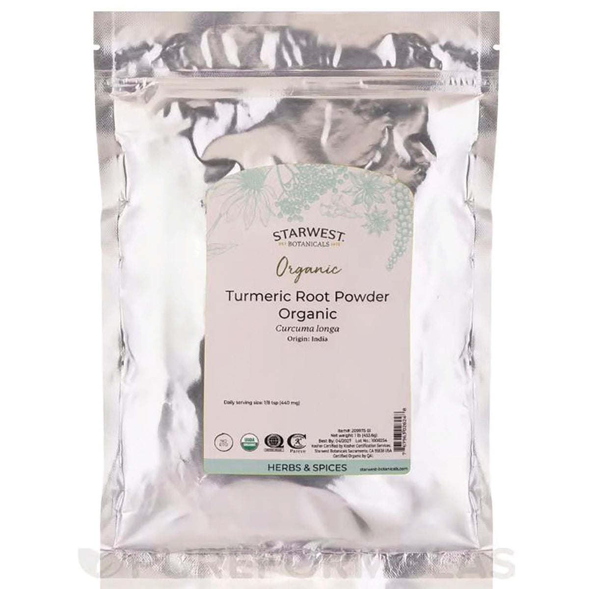 STB010 | Starwest Botanicals Organic Turmeric Root Powder in silver resealable pouch