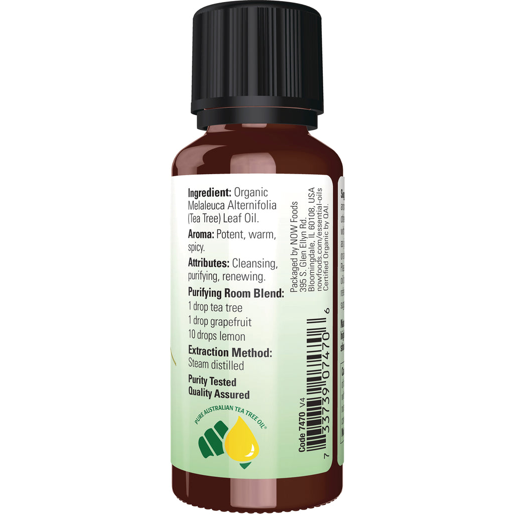 NWF513 | Back label of amber essential oil bottle showing ingredients, purifying room blend directions, barcode and logo - Thumbnail