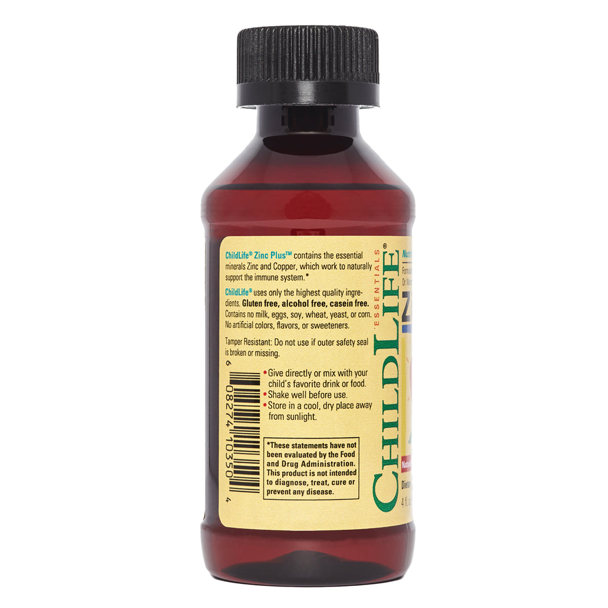 CHL024 | back label of brown ChildLife zinc supplement bottle showing ingredients, barcode and usage instructions