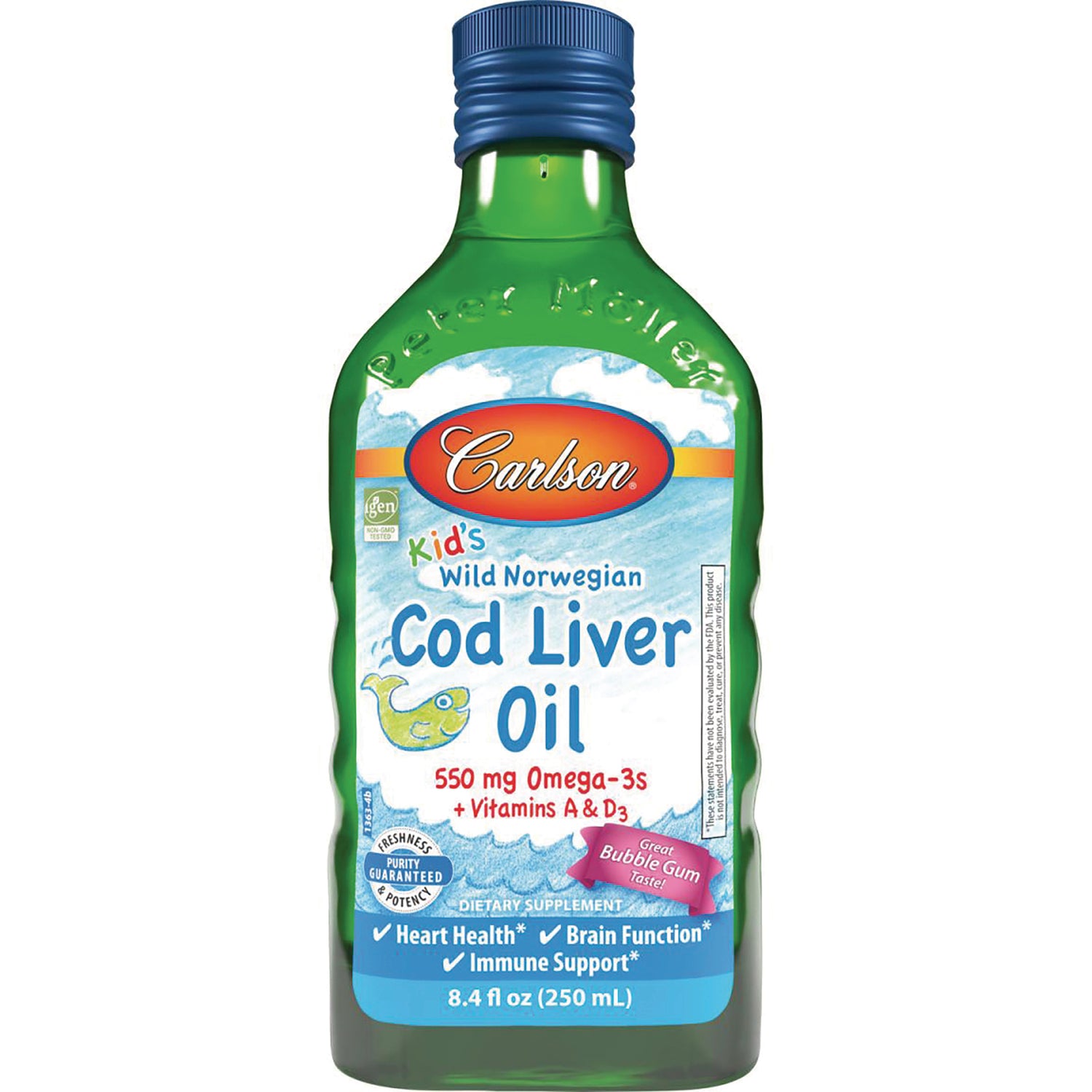 CSN218 | Carlson Kid's Wild Norwegian Cod Liver Oil bottle front, 8.4 fl oz, bubble gum flavored children's supplement label