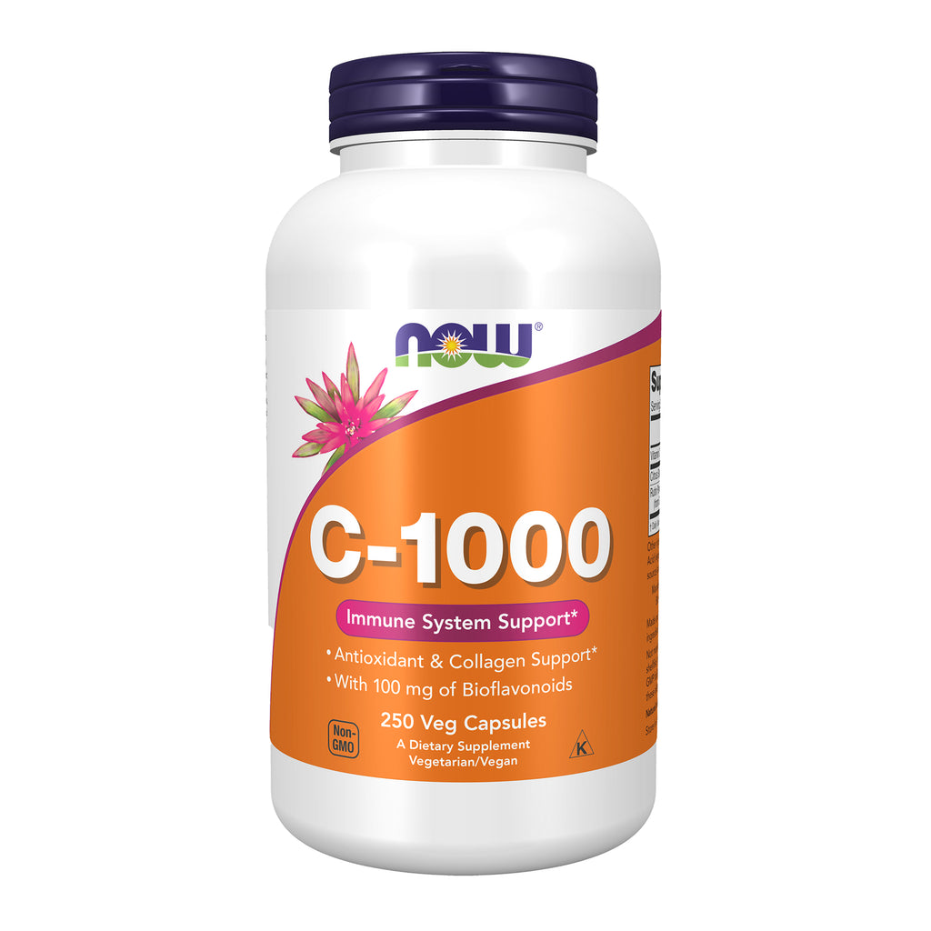 NWF030 | NOW C-1000 vitamin C supplement bottle with orange label reading C-1000, Immune System Support, 250 Veg Capsules - Thumbnail