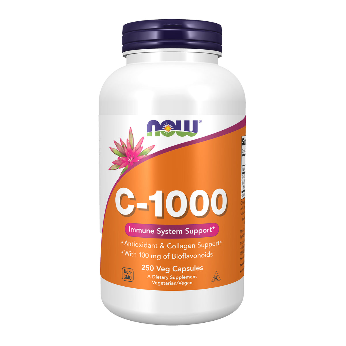 NWF030 | NOW C-1000 vitamin C supplement bottle with orange label reading C-1000, Immune System Support, 250 Veg Capsules