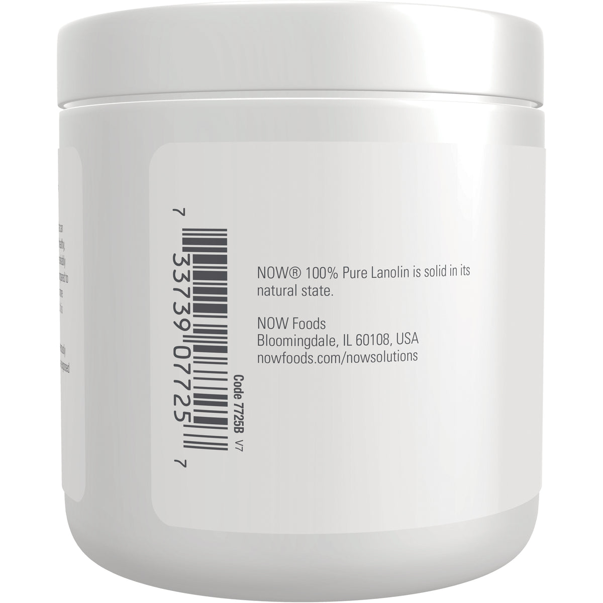 NWF440 | Back label of white jar showing barcode and text NOW 100% Pure Lanolin and company address