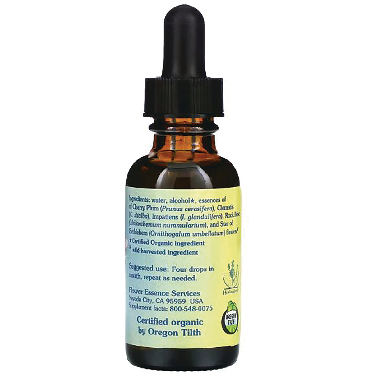 FES010 | Amber glass dropper bottle back label showing ingredients, suggested use, and Certified organic by Oregon Tilth