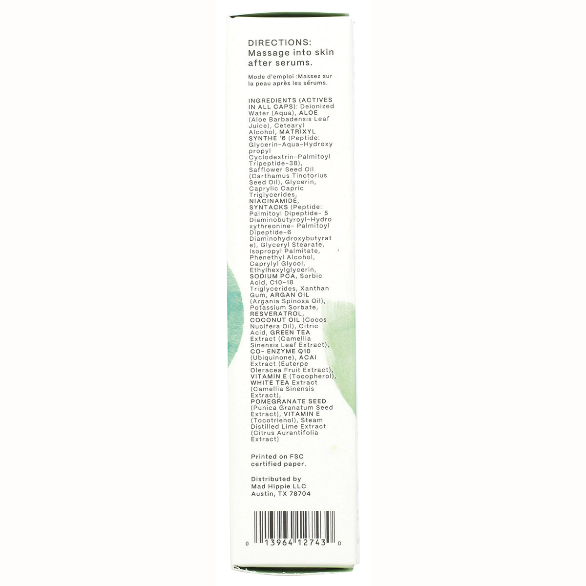 HIP004 | Back panel showing directions, full ingredients list, distributor information and barcode