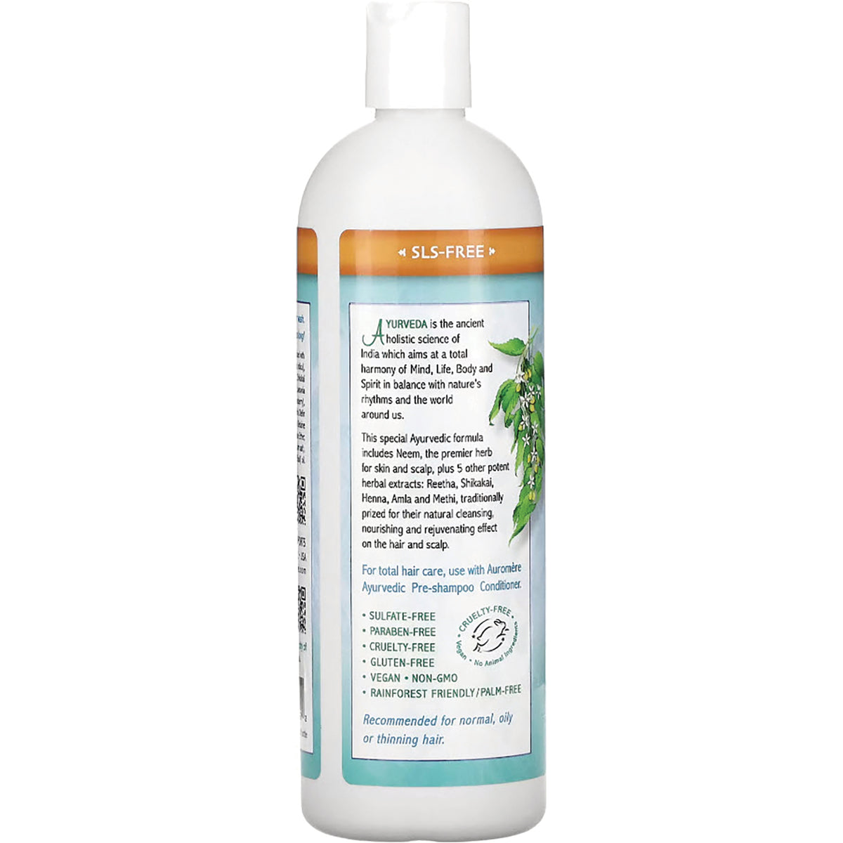 AUR019 | Back label of white shampoo bottle with Ayurvedic description and claims including SLS-free, sulfate-free, paraben-free