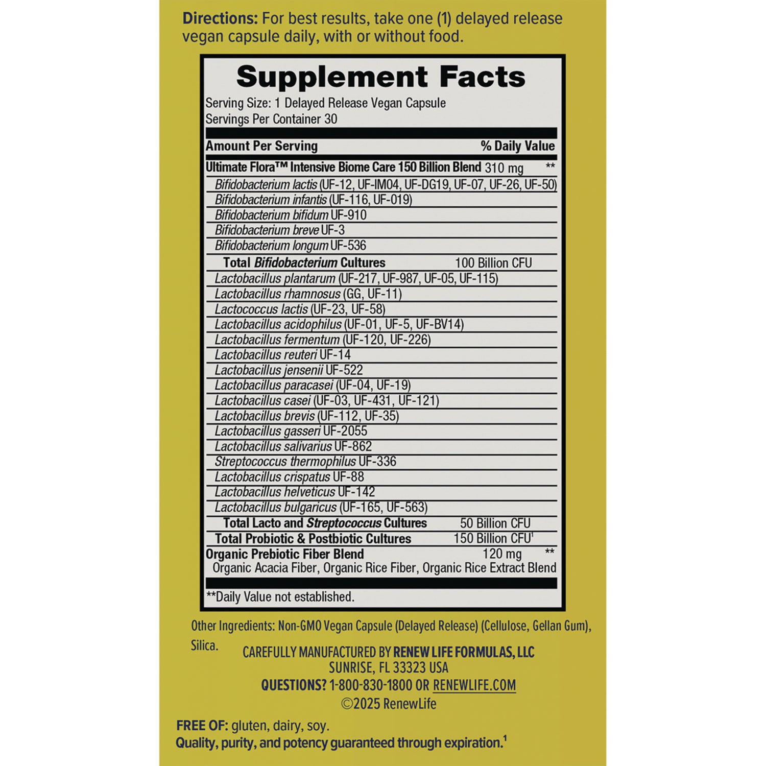 RNL239 | Back panel showing Supplement Facts, probiotic culture blend, ingredients and storage instructions