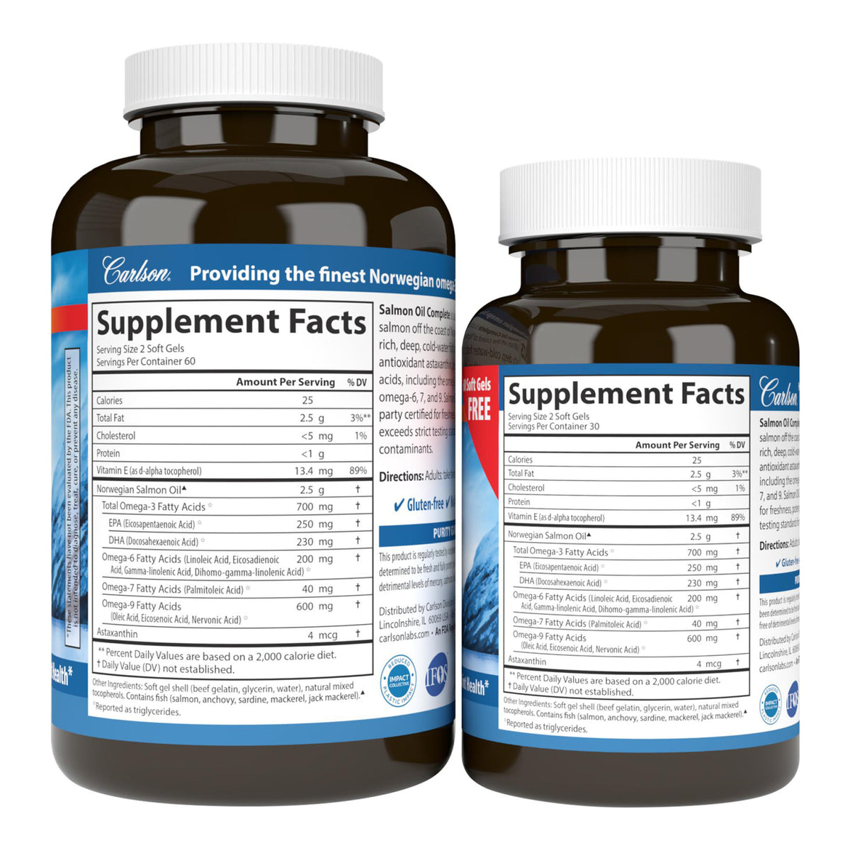 CSN229 | supplement facts panels on backs of two brown bottles showing nutrition facts and directions