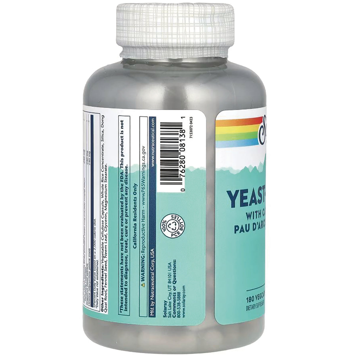 SLR271 | Back label with barcode for Yeast with Pau D'Arco dietary supplement, 180 veggie caps