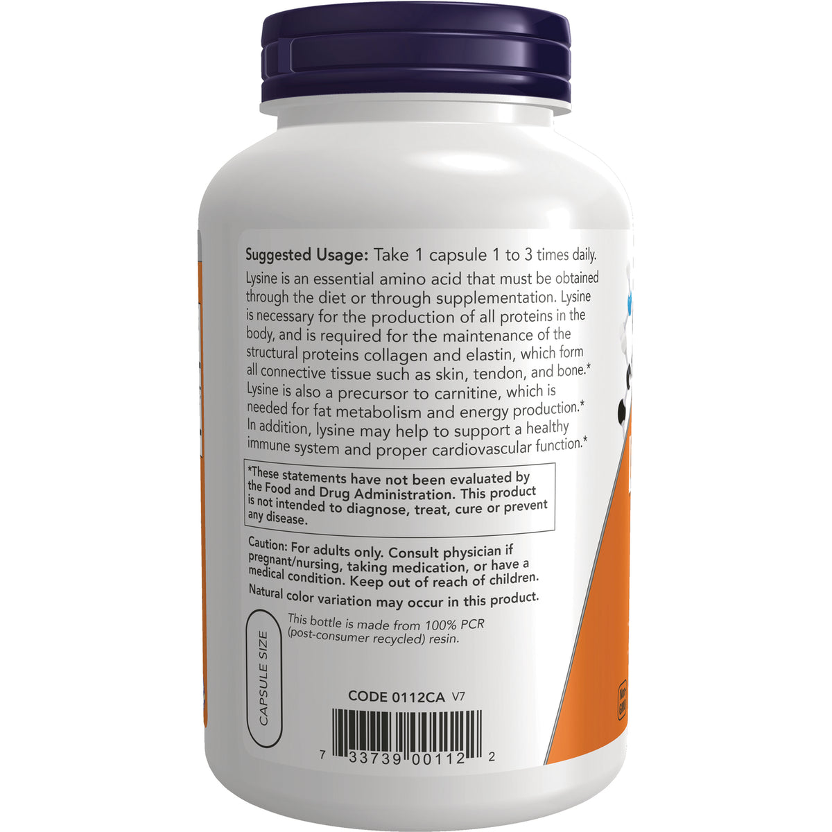 NWF685 | Back label of white supplement bottle showing suggested usage text, caution statements, and barcode
