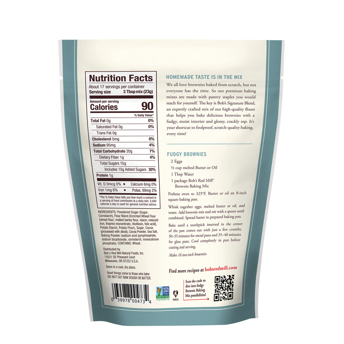 BOB479 | Back of teal and cream pouch showing Nutrition Facts, ingredients, and Fudgy Brownies recipe