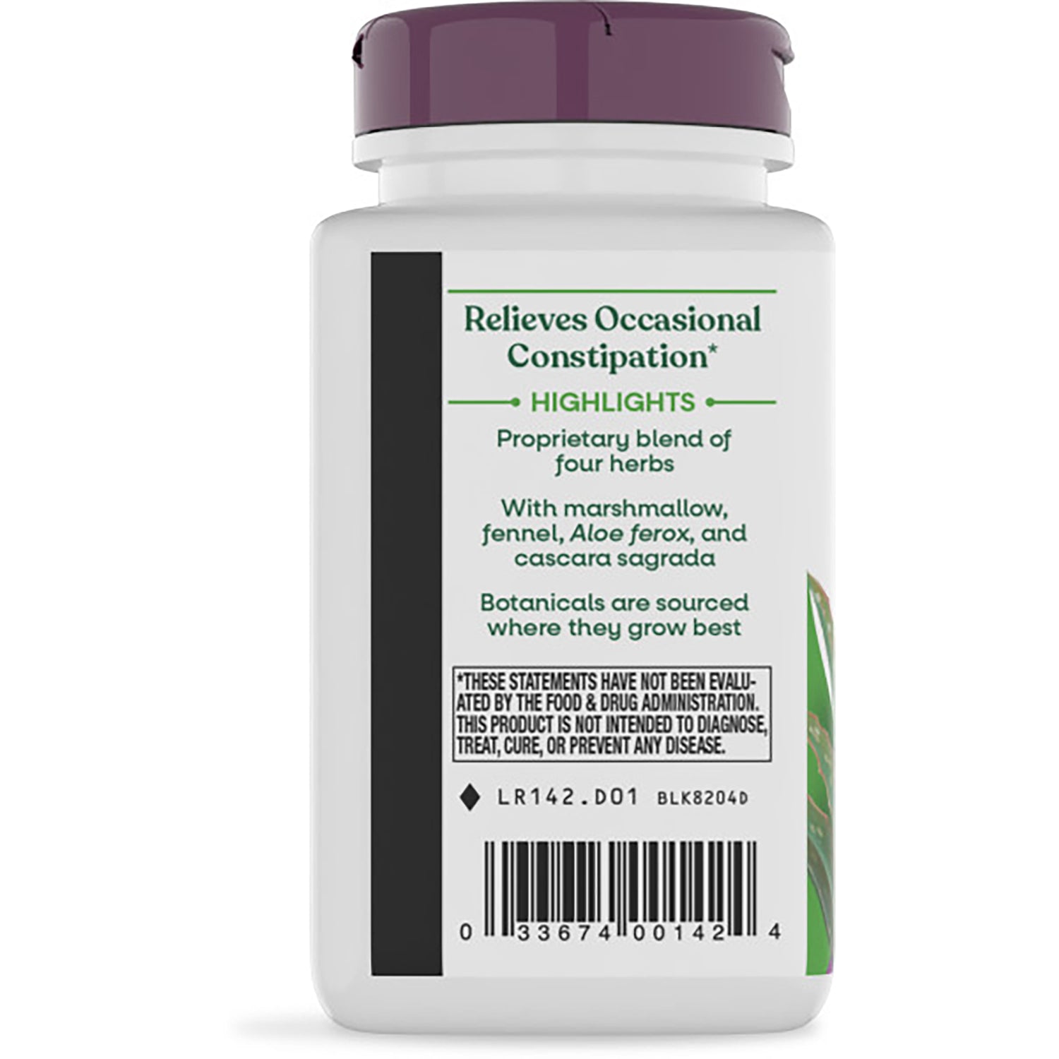 NW714 | Back label of brown supplement bottle showing Relieves Occasional Constipation text, ingredient notice and barcode