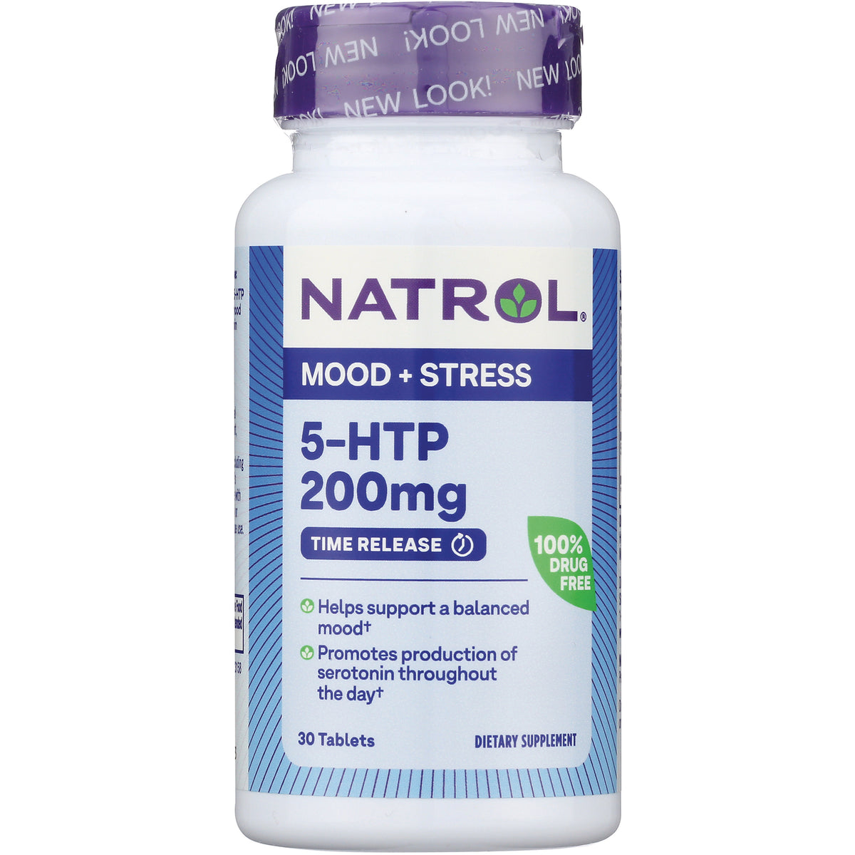 NA405 | Natrol 5-HTP 200mg time-release tablets bottle front label mood + stress, 30 tablets