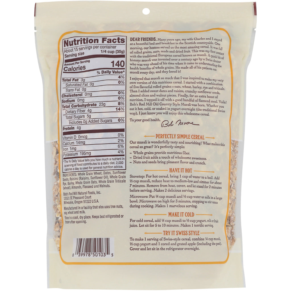 BOB021 | back of cereal bag showing nutrition facts, ingredients and preparation instructions - Thumbnail