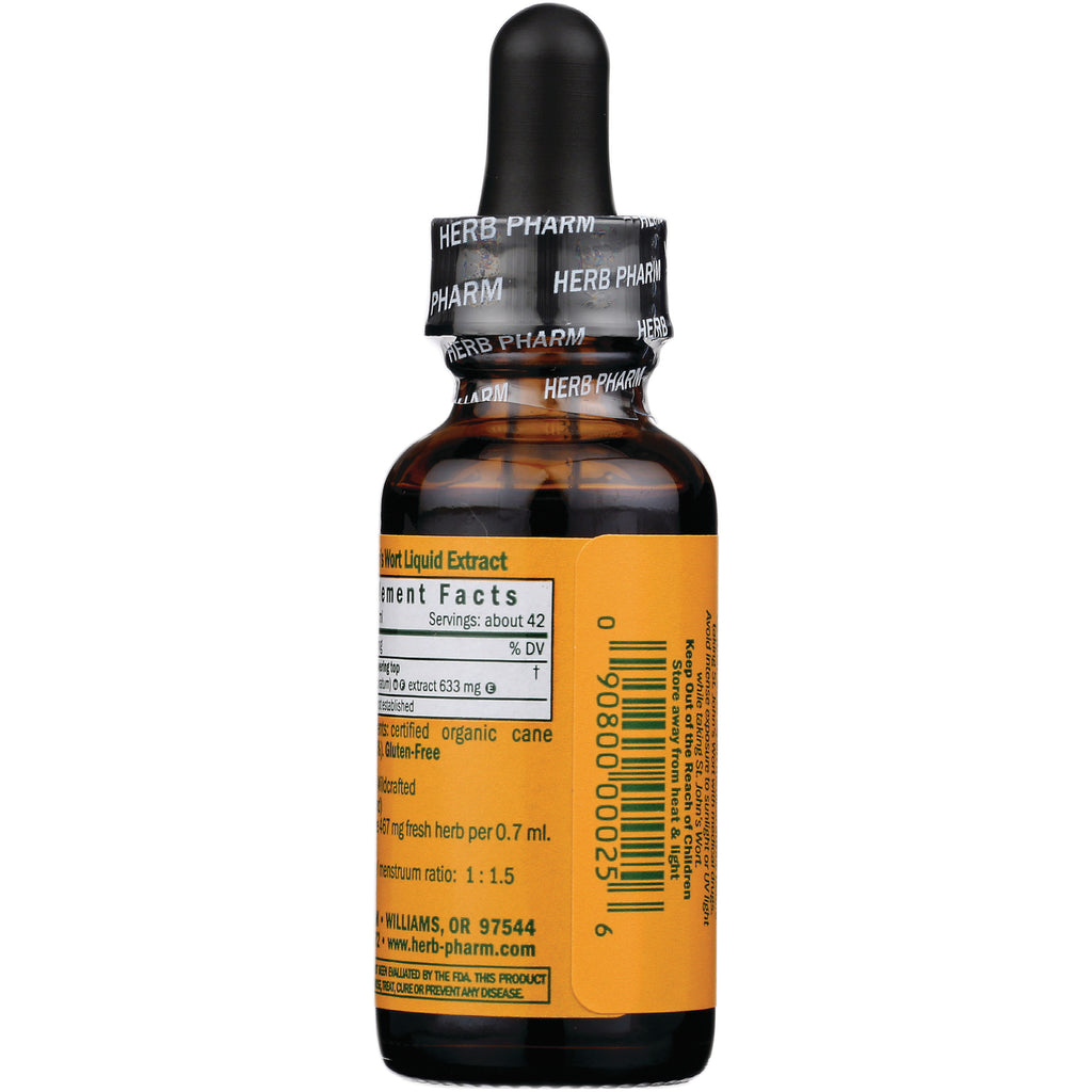 HPH031 | Back of amber dropper bottle with yellow label showing supplement facts, barcode, and HERB PHARM tamper seal - Thumbnail
