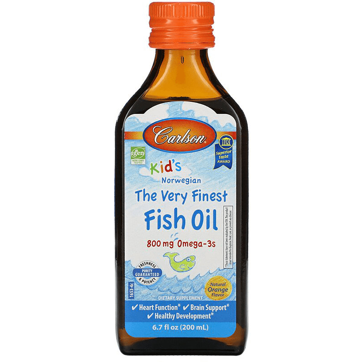 CSN033 | Carlson Kid's Norwegian The Very Finest Fish Oil 800 mg Omega-3s natural orange flavor 6.7 fl oz bottle